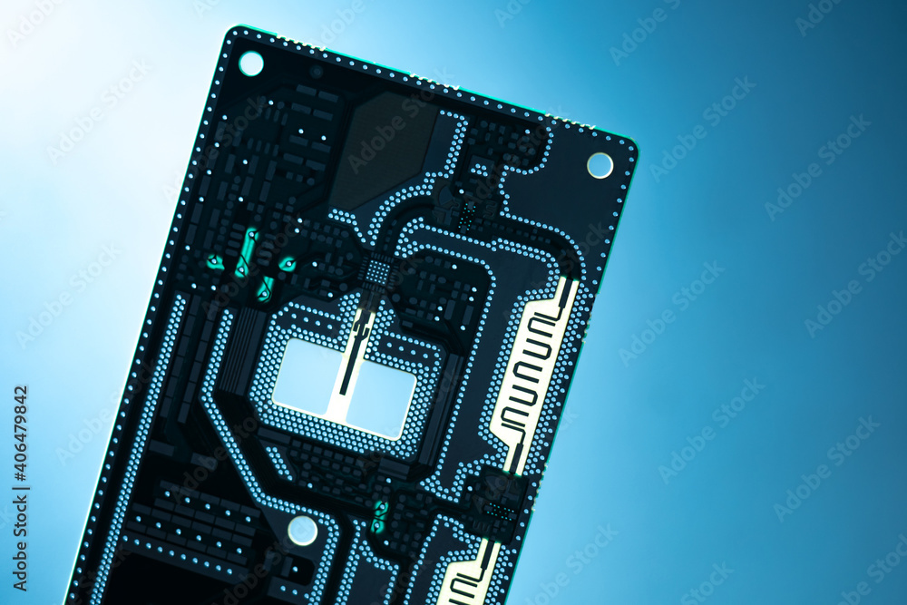 Poster silhouette of pcb board on a blue background. blank for creating a printed circuit board. pcb board 