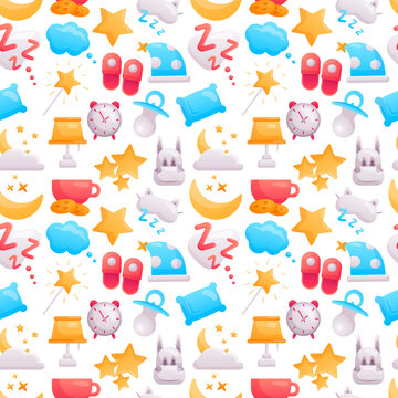 Vector pattern of cute bright icons. Sleep time theme. Cute decorations for baby items, wrapping paper and room. Image of the moon and stars, alarm clock, pillow, dreams.