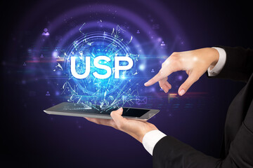 Close-up of a touchscreen with USP abbreviation, modern technology concept