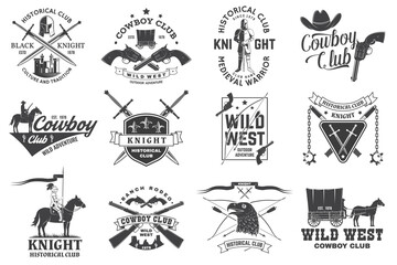 Obraz premium Set of knight historical and cowboy club design Vector Concept for shirt, print, stamp, overlay or template. Vintage typography design with knight, knight on a horse, swords, axe, castle silhouette