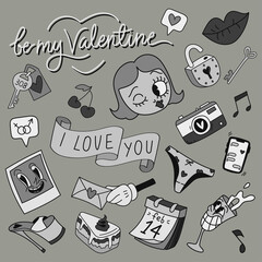 Vector set of hand-drawn love elements. Set of cartoon funny doodles. Be my Valentine, heart, love, ribbon, beautiful cartoon girl and other elements.