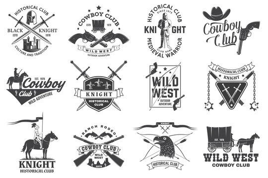 Set of knight historical and cowboy club design Vector Concept for shirt, print, stamp, overlay or template. Vintage typography design with knight, knight on a horse, swords, axe, castle silhouette