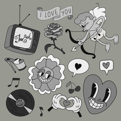 Valentine's day doodle hand drawn icons. Vector design. Set of funny cartoon elements for your design
