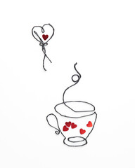 Valentine's day concept with hearts and cup over white background. Abstract background for greeting card, poster.  Flat lay, top view, copy space, soft focus.