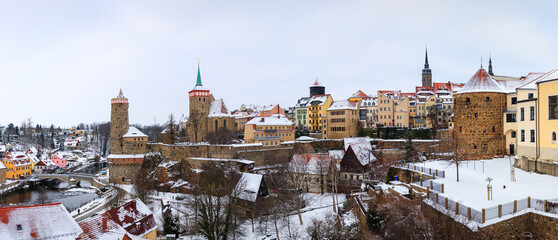 Bautzen oldtown during winter season snow, ice towers old buildings houses, german, tower, spree,...