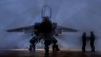 Fighter Pilot, dramatic top gun style silhouette of pilots standing near a jet fighter in smoke....