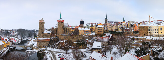 Bautzen oldtown during winter season snow, ice towers old buildings houses, german, tower, spree,...