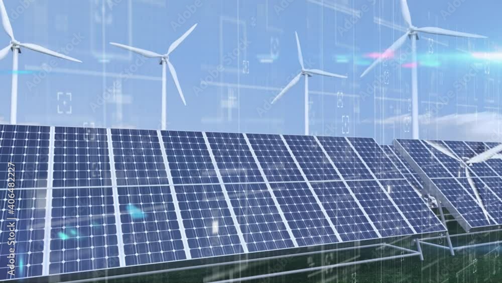 Aufkleber scope and data processing over against solar panels and multiple windmill spinning against blue sky