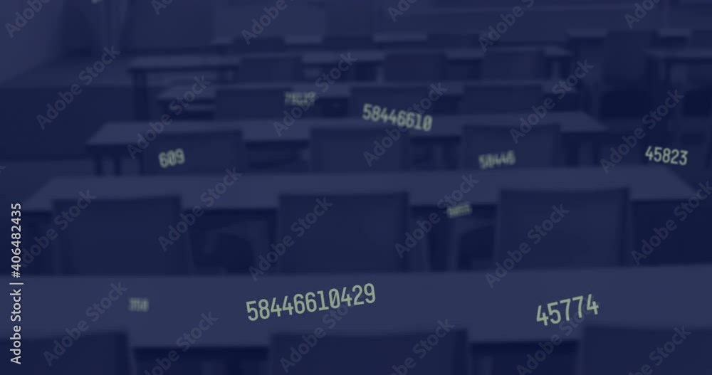 Poster digital composition of multiple changing numbers floating against empty classroom in background