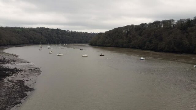 aerial  images of boats near Malpas cornwall England uk near truro 