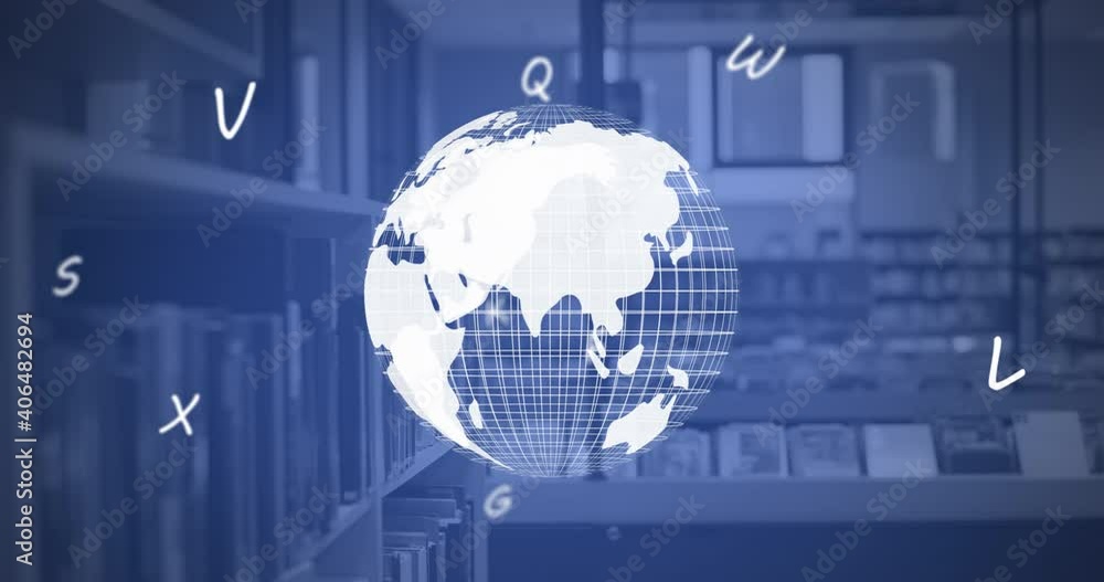 Poster Digital composition of multiple alphabets floating over spinning globe against school library