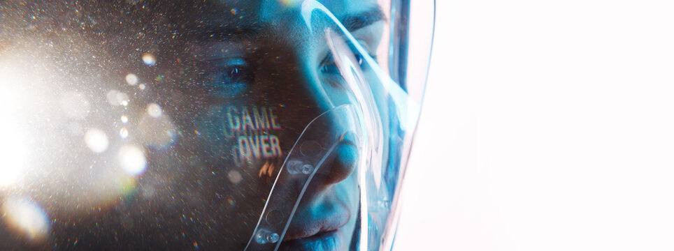 Beautiful woman in futuristic costume over white background. Girl in 3d glasses of virtual reality. Augmented reality, game, future technology, AI concept. VR. Blue neon light. - Powered by Adobe