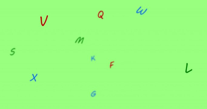 Digital animation of multiple colorful english alphabets floating against green background