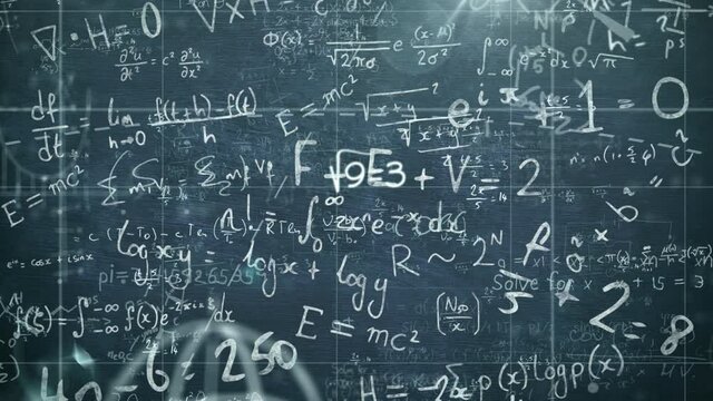 Digital animation of mathematical equations and formula floating against black board