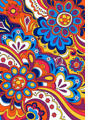 Psychedelic Background, 1960s Hippie Art Style Floral Pattern 