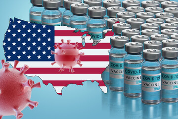 USA to launch COVID-19 vaccination campaign. Coronavirus vaccine vials, Covid 19 cells, map and flag of USA on blue background. Fighting the epidemic. Research and creation of a vaccine.