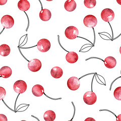 Watercolor pattern with ripe cherries