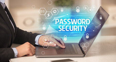 PASSWORD SECURITY inscription on laptop, internet security and data protection concept, blockchain and cybersecurity