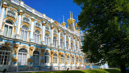 Facade and golden domes of Catherine Palace located in suburb of St. Petersburg, in Pushkin city (Tsarskoe selo), Russia. Travelling. Russian royal tourist attractions. Famous place for tourists.