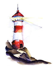 Watercolor image of striped, red and white beacon sending light signal. Hand drawn colored sketch of lighthouse on steep slope of cliff against white background