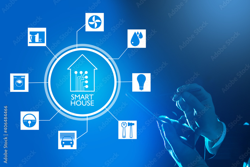 Poster a person controls a smart home from a tablet. mobile application for home automation. modern home te