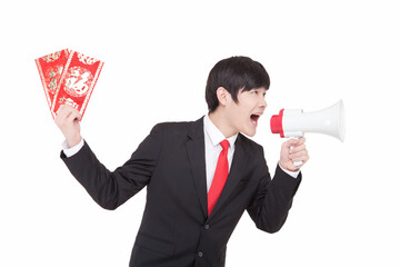 The young business man holding red envelope