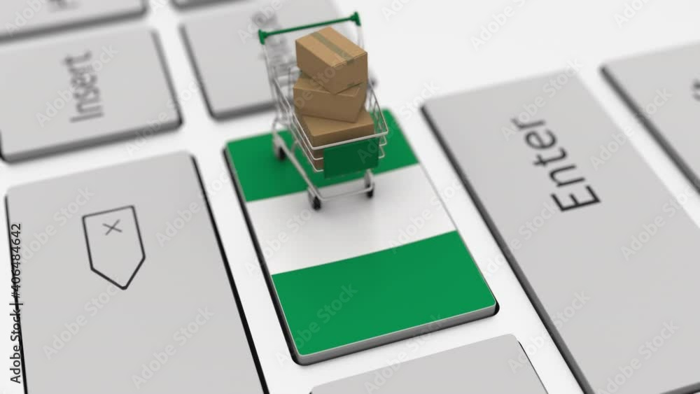 Poster keyboard key with flag of nigeria and shopping cart with boxes. online shopping related looping 3d a