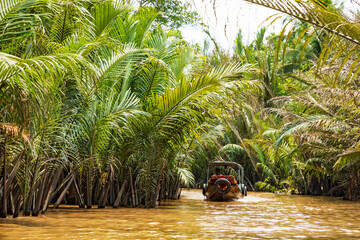 Im Mekong-Delta, ein Boot auf dem Mekong-Fluss in Vietnam.
