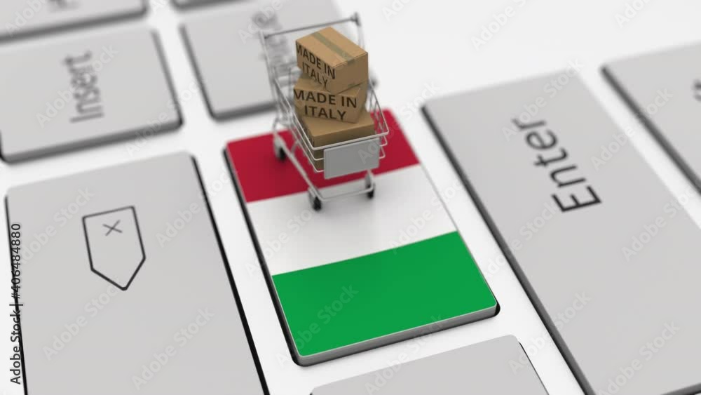 Aufkleber boxes with made in italy text and shopping cart on the keyboard. conceptual looping 3d animation