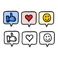 Heart, hand with thumb up and smile inside speech bubble. Social network icons collection.