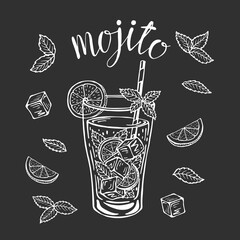 Mojito classic cocktail hand drawn vector illustration. Lemonade glass with ice and a slice of lime and a straw and mint leaves, for cocktail cards. Homemade mojito lettering, isolated illustration