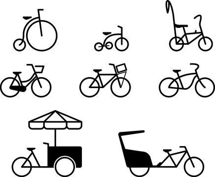 Retro Fahrrad Icon Set, Kontur, Flat Design, schwarzweiß, Vektor Grafik