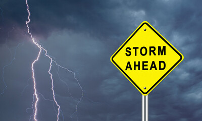 Warning road sign on a lightning background. A sign that says storm Ahead. Concept of the onset of problems. A call to prepare for difficult times.
