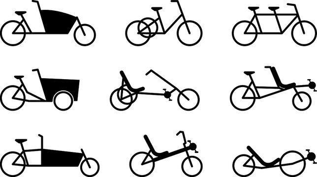 große Fahrräder Icon Set, Kontur, Flat Design, schwarzweiß, Vektor Grafik