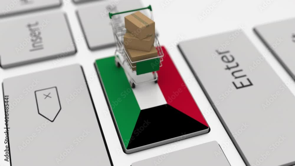Poster key with flag of kuwait and shopping cart with boxes, looping internet business related 3d animation
