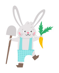 Vector Easter bunny icon. Rabbit boy with spade and carrot isolated on white background. Cute animal gardener illustration for kids. Funny spring hare picture..