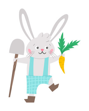 Vector Easter bunny icon. Rabbit boy with spade and carrot isolated on white background. Cute animal gardener illustration for kids. Funny spring hare picture..