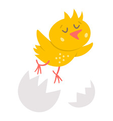 Vector funny chick icon. Spring, Easter or farm little bird illustration. Cute yellow just hatched chicken flying out of egg shell isolated on white background. .