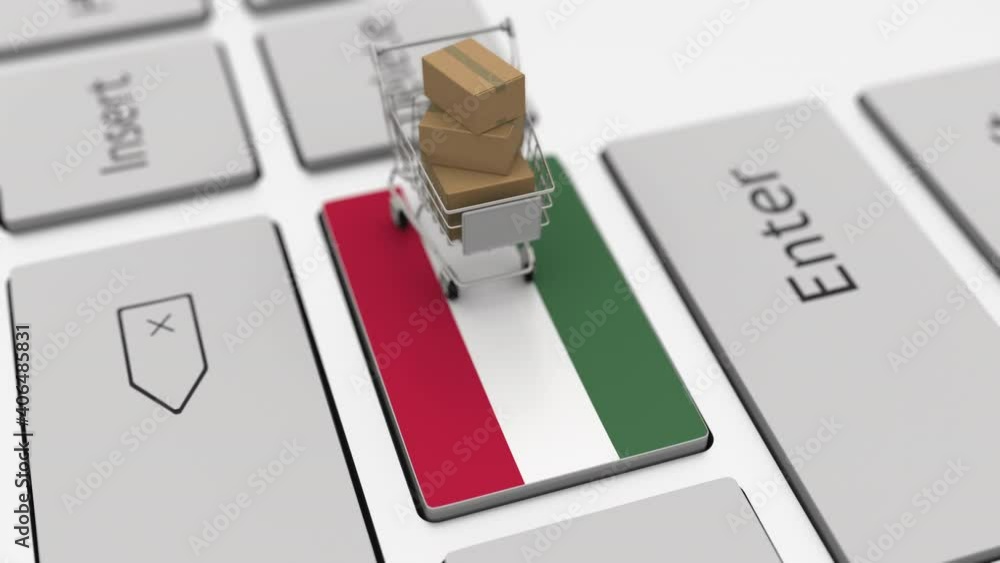 Poster keyboard key with flag of hungary and shopping cart with boxes. online shopping related looping 3d a