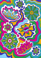 Psychedelic Floral Pattern, Background, 1960s Hippie Art Style Pattern 