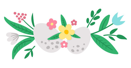 Vector Easter horizontal decorative element. Cute bright composition with eggs, plants and leaves. Spring icon. Holiday floral design with first flowers and colored eggs..