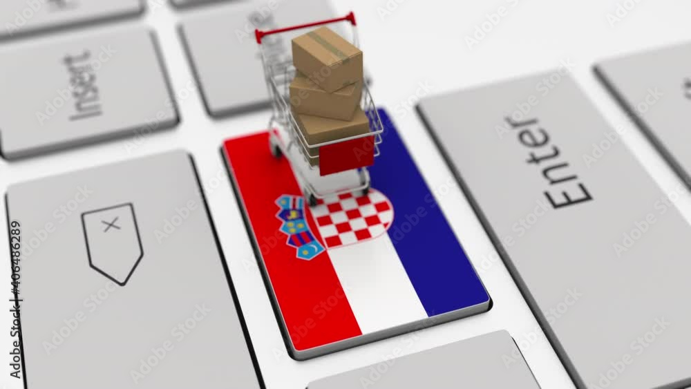 Poster keyboard key with flag of croatia and shopping cart with boxes. online shopping related looping 3d a