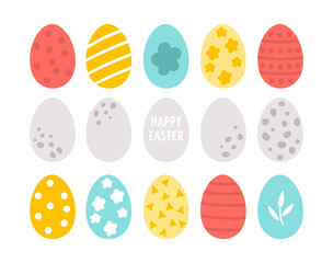 Vector Easter colored eggs set. Spring flat decorative elements. Holiday icons collection isolated on white background.