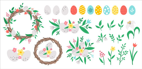 Vector Easter decorative elements set. Design compositions with eggs, plants and leaves. Spring icons collection. Holiday basket, floral wreath, first flowers and colored eggs..