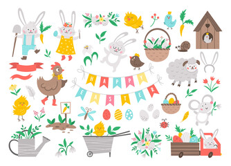Big collection of design elements for Easter. Vector set with cute bunny, colored eggs, bird, chicks, baskets. Spring funny illustration. Adorable holiday icons collection.