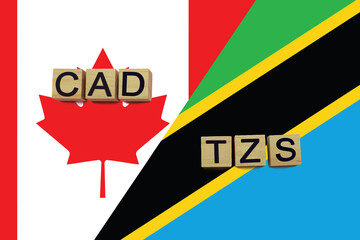 Canada and Tanzania currencies codes on national flags background