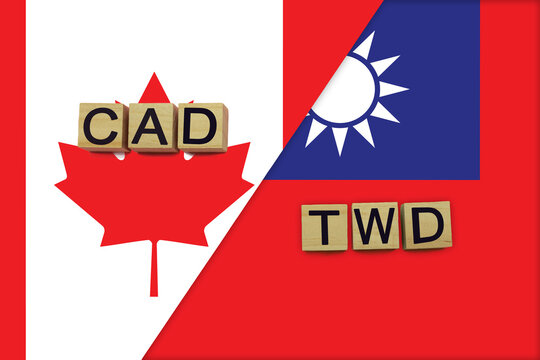 Canada and Taiwan currencies codes on national flags background