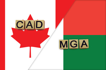 Canada and Madagascar currencies codes on national flags background