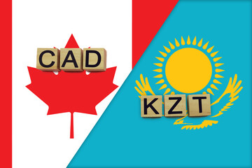 Canada and Kazakhstan currencies codes on national flags background
