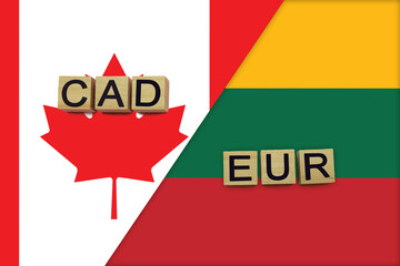 Canada and Lithuania currencies codes on national flags background